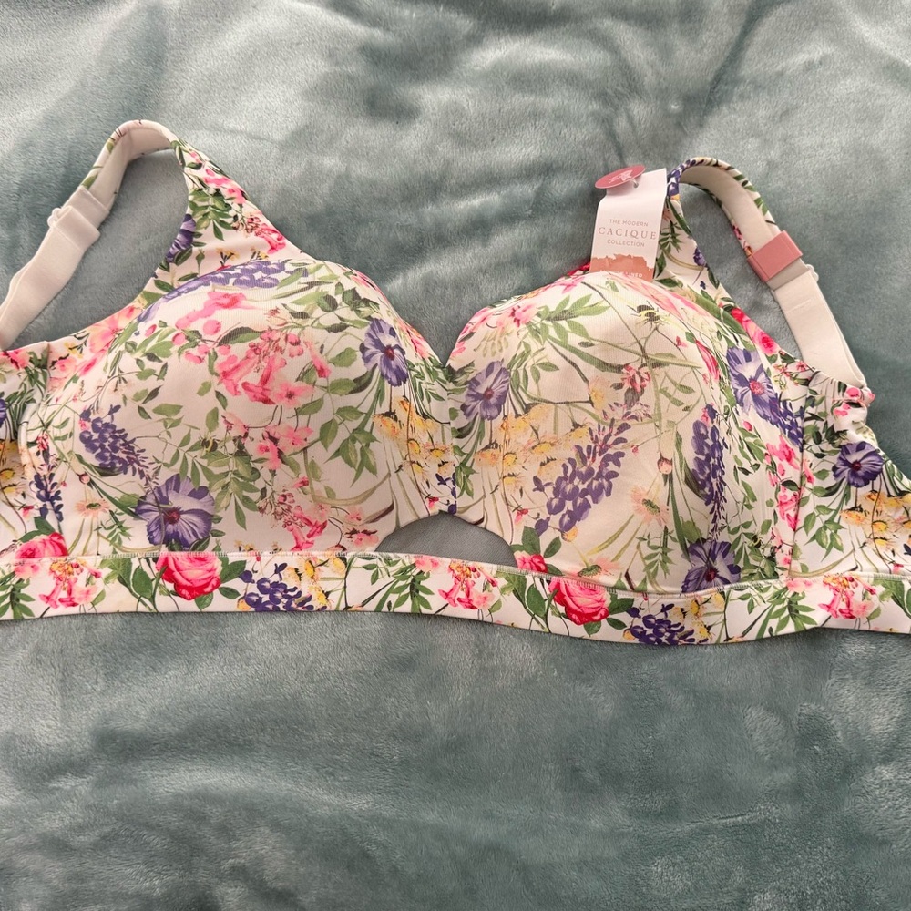 Cacique Floral Print Bra - Pink, Purple, Yellow and White Size 34K